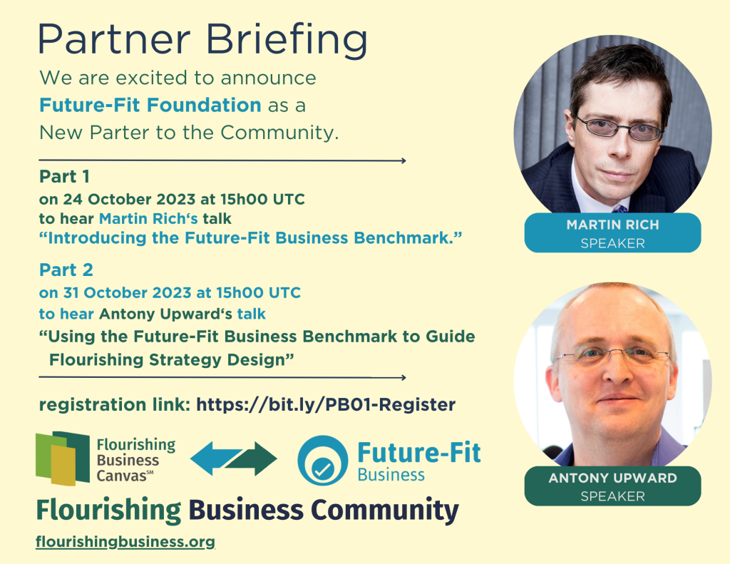 Advertisement for the Future-Fit Business Benchmark / Flourishing Business Canvas Partner Briefings