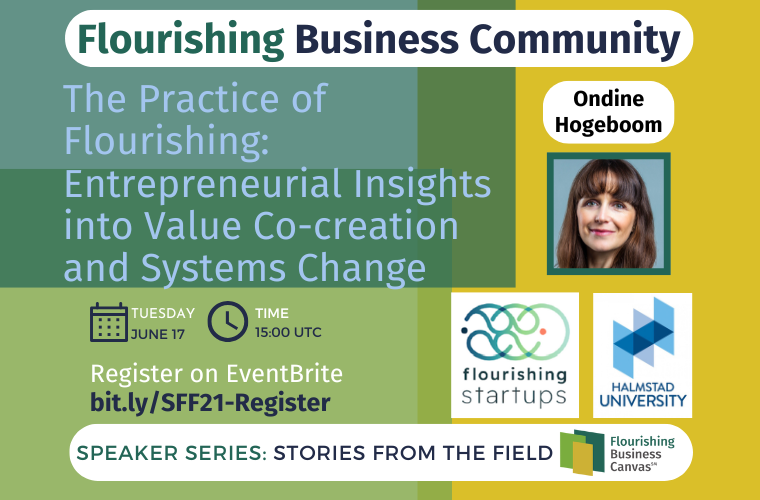 Advert for Stories from the Field Speaker Series #21 - The Practice of Flourishing – Entrepreneurial Insights into Value Co-creation and Systems Change with Ondine Hogeboom