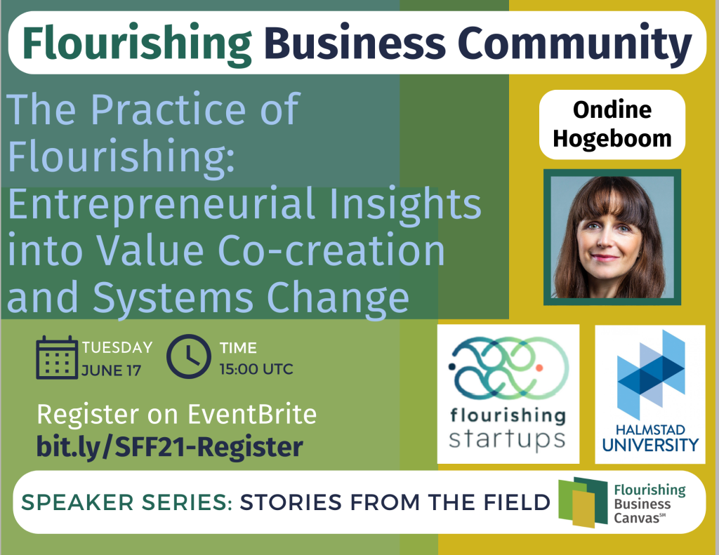 Advert for Stories from the Field Speaker Series #21 - The Practice of Flourishing – Entrepreneurial Insights into Value Co-creation and Systems Change with Ondine Hogeboom