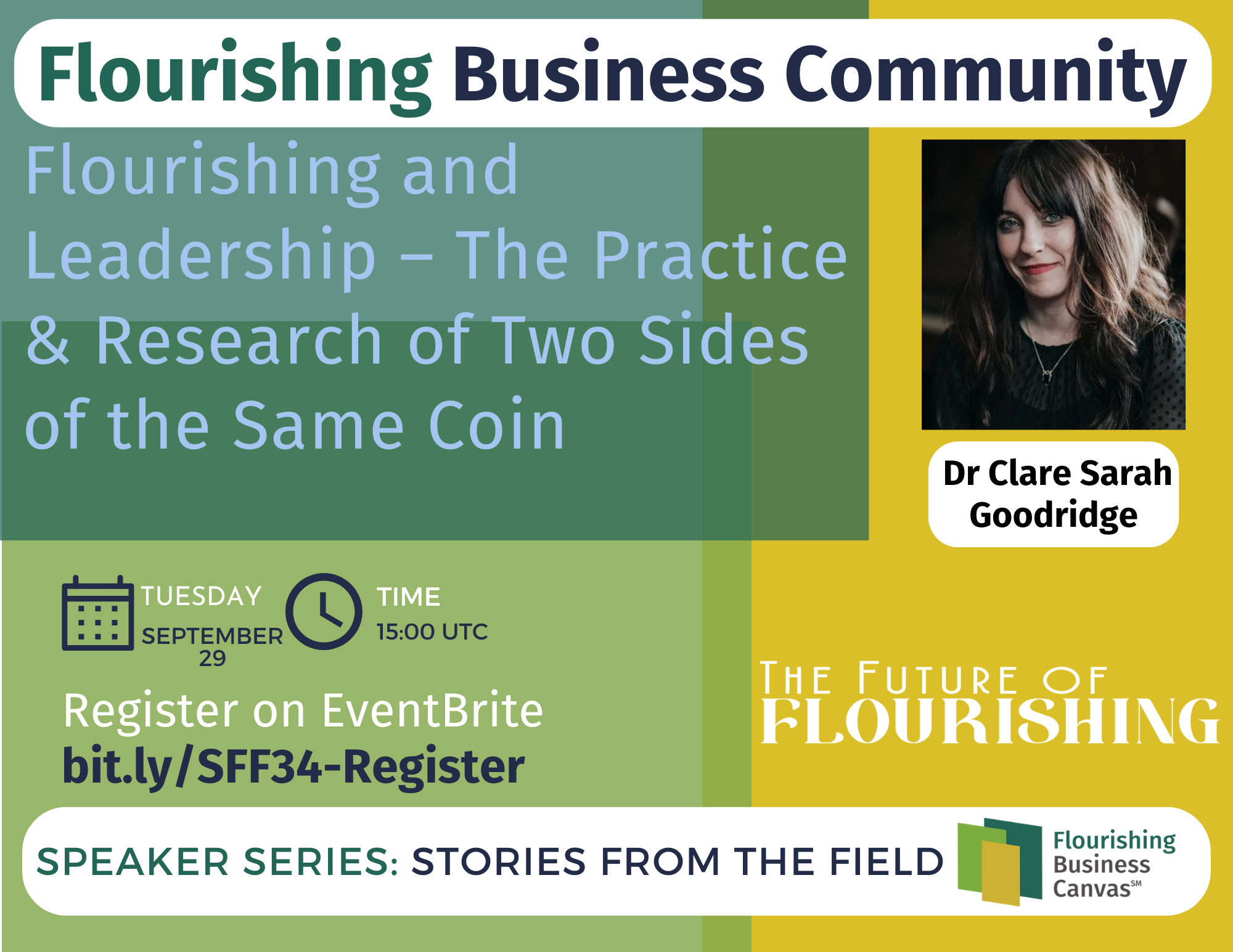 Advert for Stories from the Field Speaker Series #34 - Flourishing and Leadership – The Practice & Research of Two Sides of the Same Coin with Dr. Clare Sarah Goodridge