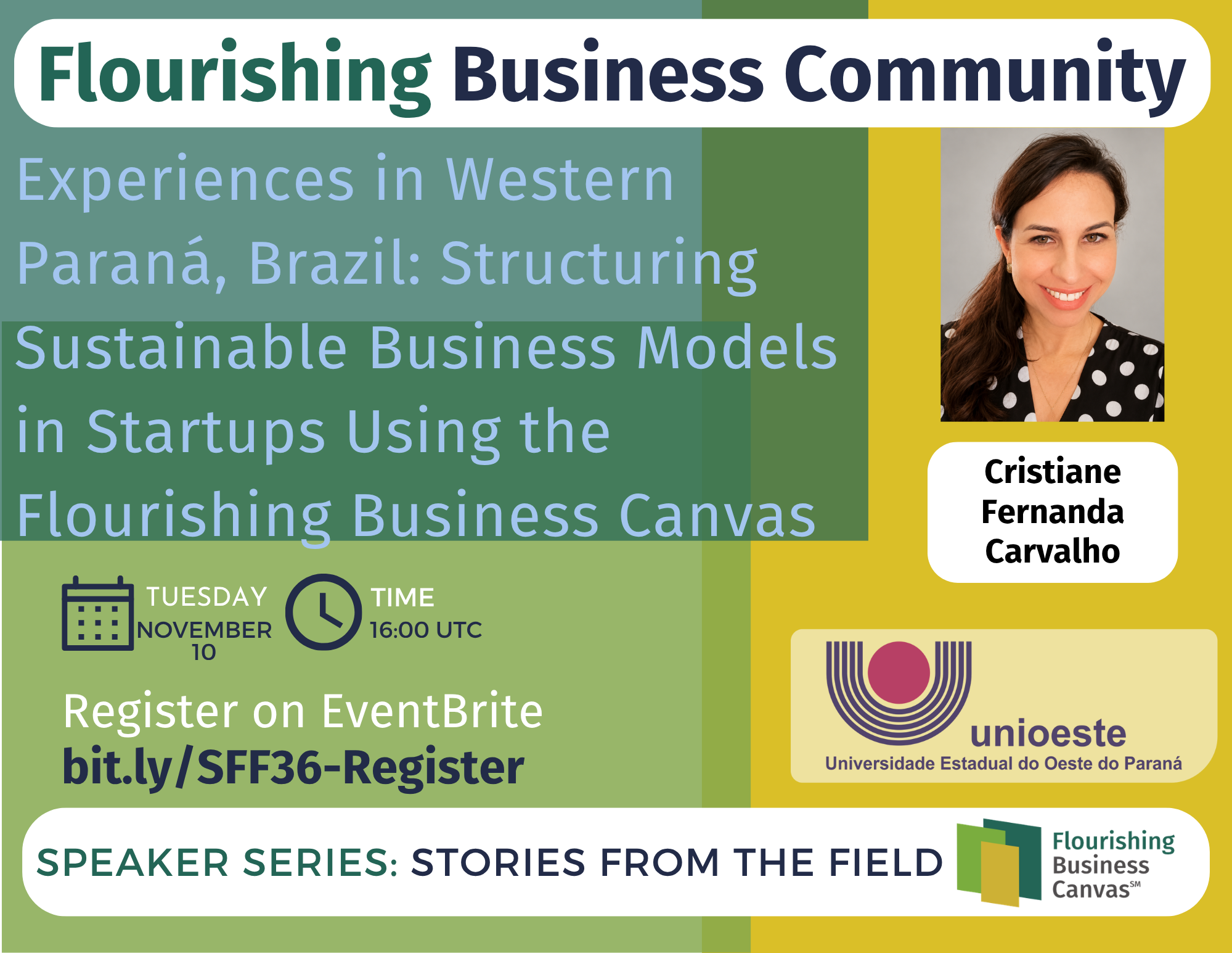 Advert for Stories from the Field Speaker Series #36 - Experiences in Western Paraná, Brazil: Structuring Sustainable Business Models in Startups Using the Flourishing Business Canvas with Cristiane Fernanda Carvalho